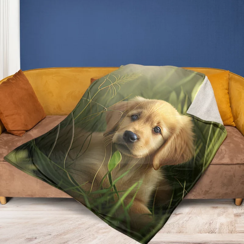 Golden Retriever Puppy in Grass Fleece Blanket 1