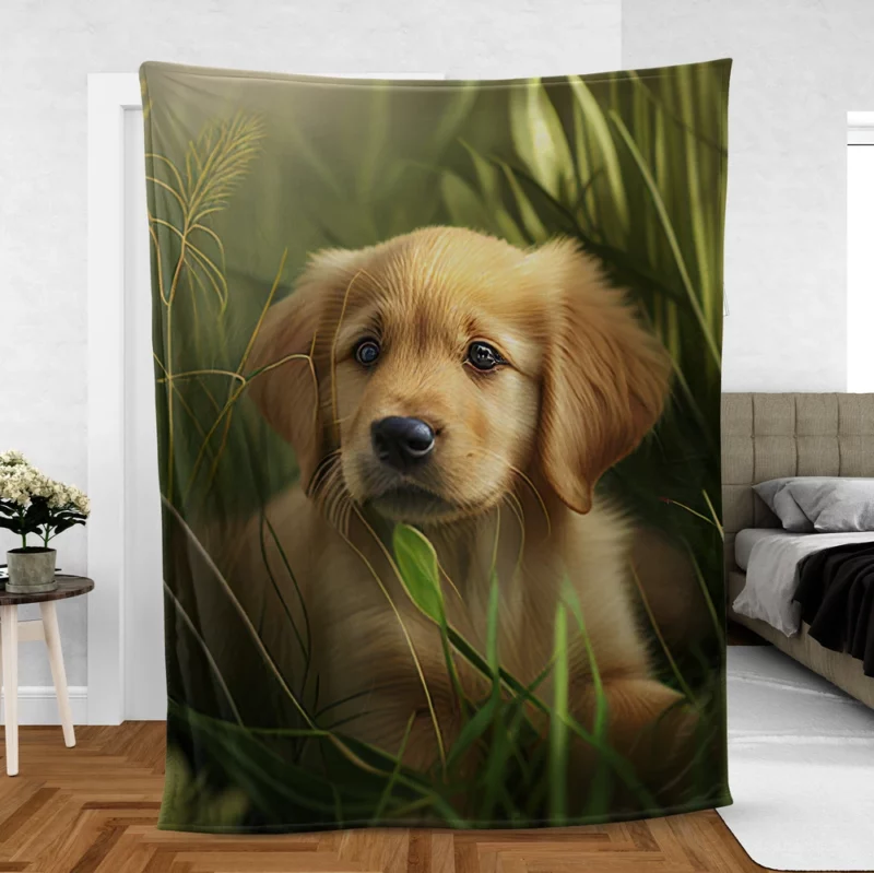 Golden Retriever Puppy in Grass Fleece Blanket