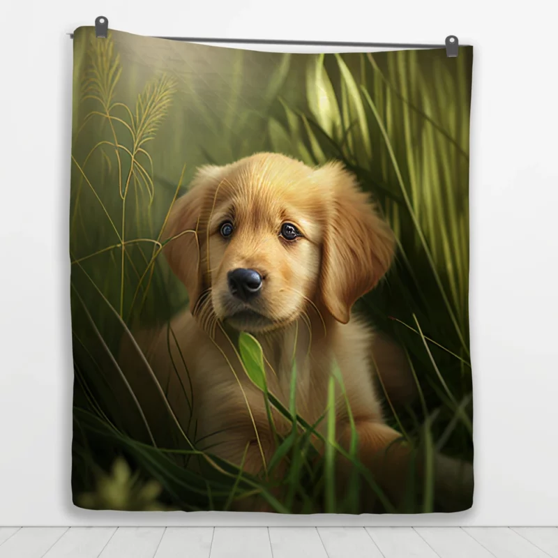 Golden Retriever Puppy in Grass Quilt Blanket 1