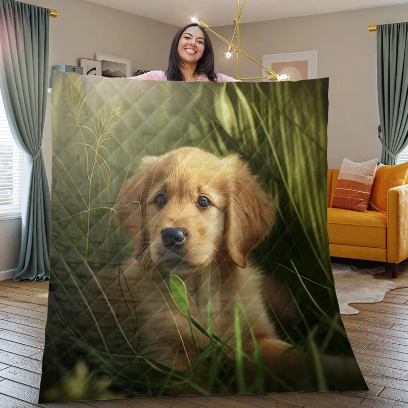 Golden Retriever Puppy in Grass Quilt Blanket