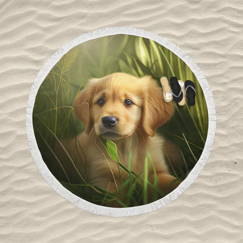 Golden Retriever Puppy in Grass Round Beach Towel