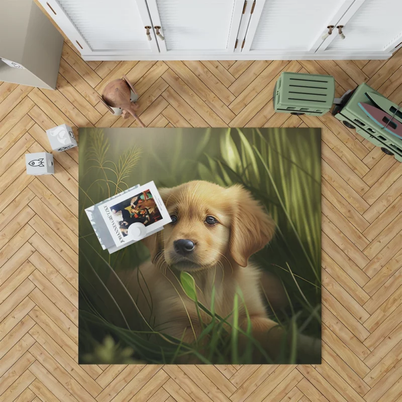 Golden Retriever Puppy in Grass Rug