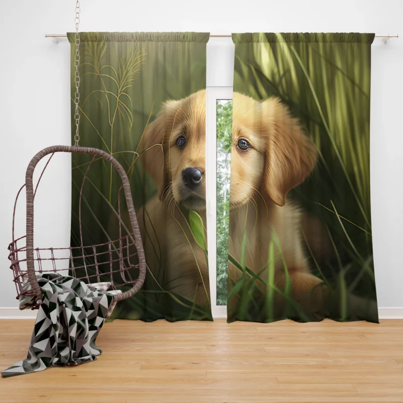 Golden Retriever Puppy in Grass Window Curtain