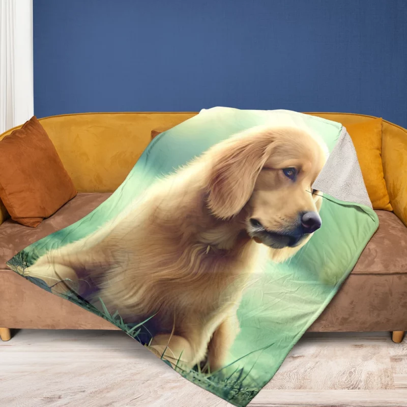 Golden Retriever Sitting in Grass Fleece Blanket 1