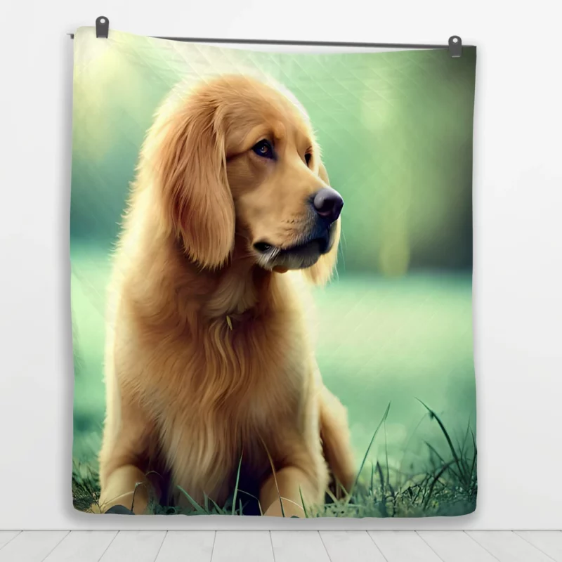 Golden Retriever Sitting in Grass Quilt Blanket 1