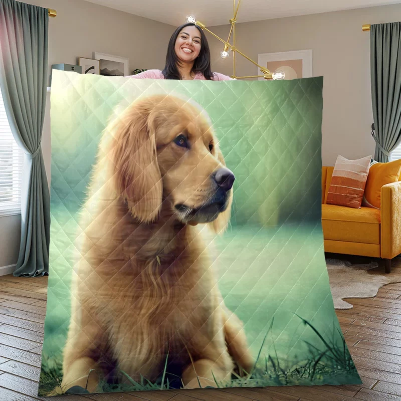 Golden Retriever Sitting in Grass Quilt Blanket