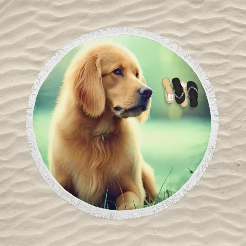 Golden Retriever Sitting in Grass Round Beach Towel