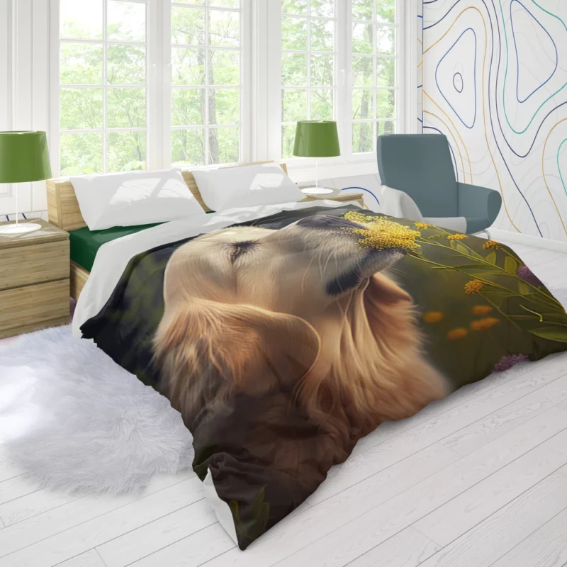 Golden Retriever in Flower Field Duvet Cover