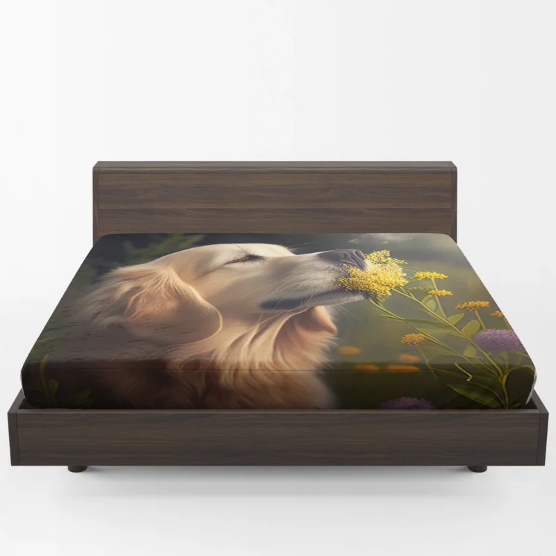 Golden Retriever in Flower Field Fitted Sheet 1