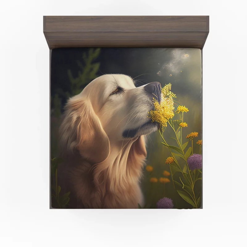 Golden Retriever in Flower Field Fitted Sheet