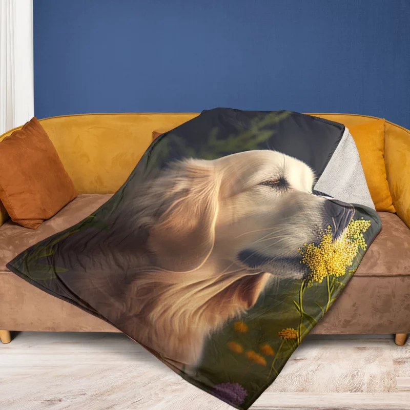 Golden Retriever in Flower Field Fleece Blanket 1