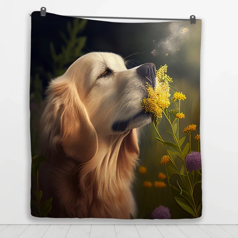 Golden Retriever in Flower Field Quilt Blanket 1