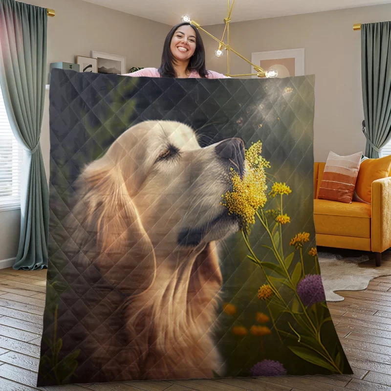 Golden Retriever in Flower Field Quilt Blanket