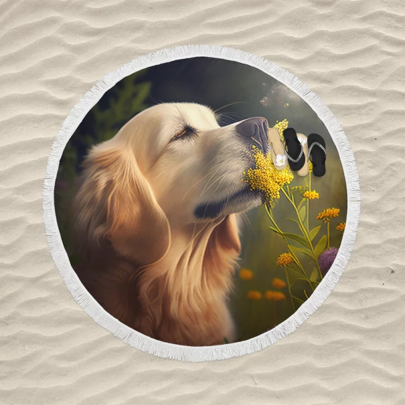 Golden Retriever in Flower Field Round Beach Towel