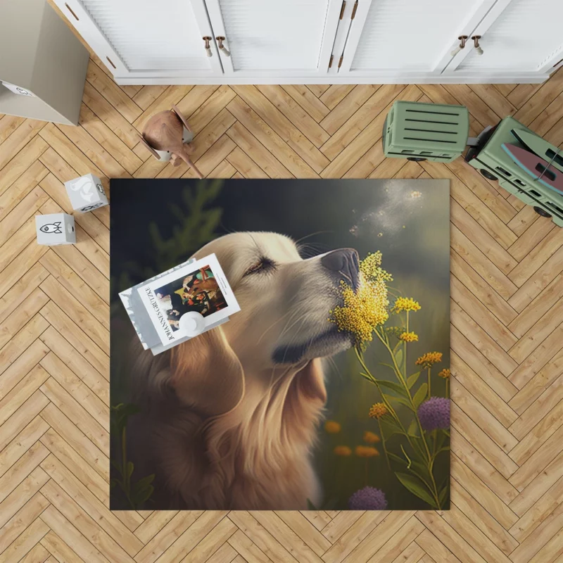 Golden Retriever in Flower Field Rug