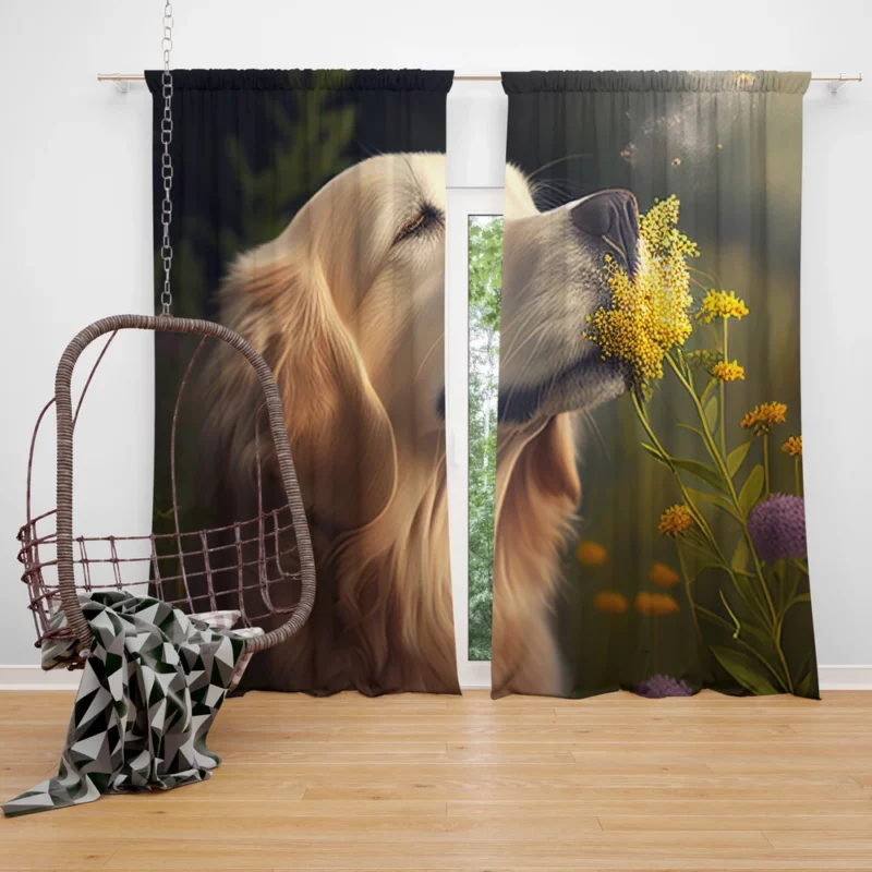 Golden Retriever in Flower Field Window Curtain