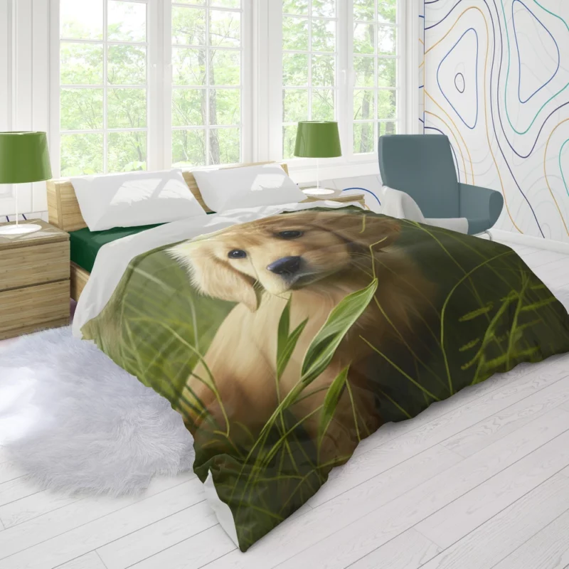 Golden Retriever in Leafy Field Duvet Cover