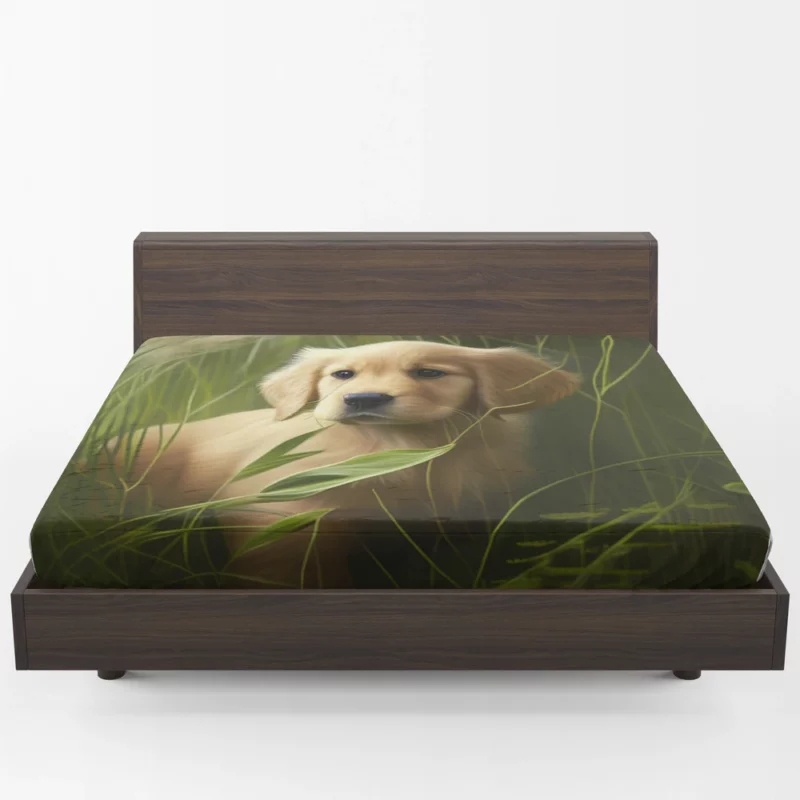 Golden Retriever in Leafy Field Fitted Sheet 1