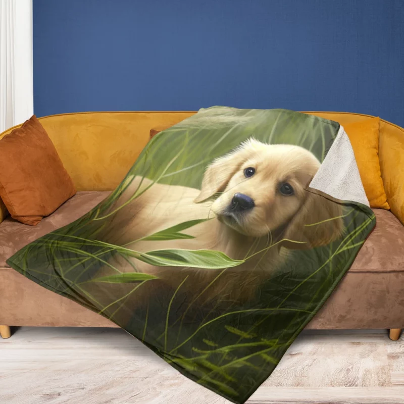 Golden Retriever in Leafy Field Fleece Blanket 1