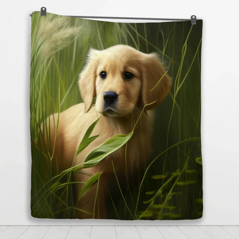 Golden Retriever in Leafy Field Quilt Blanket 1