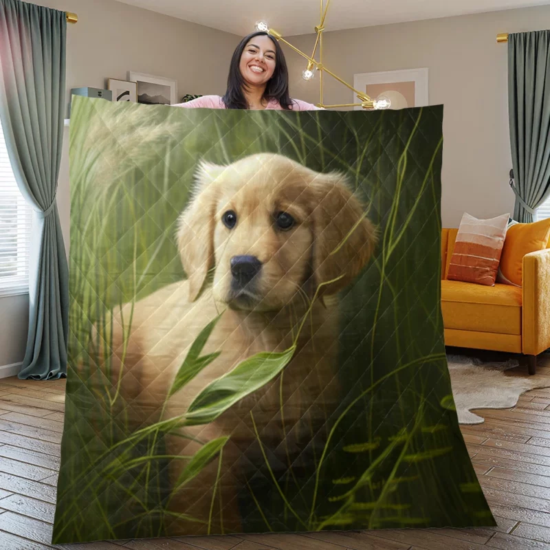 Golden Retriever in Leafy Field Quilt Blanket