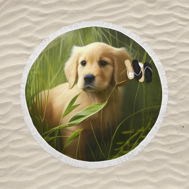 Golden Retriever in Leafy Field Round Beach Towel