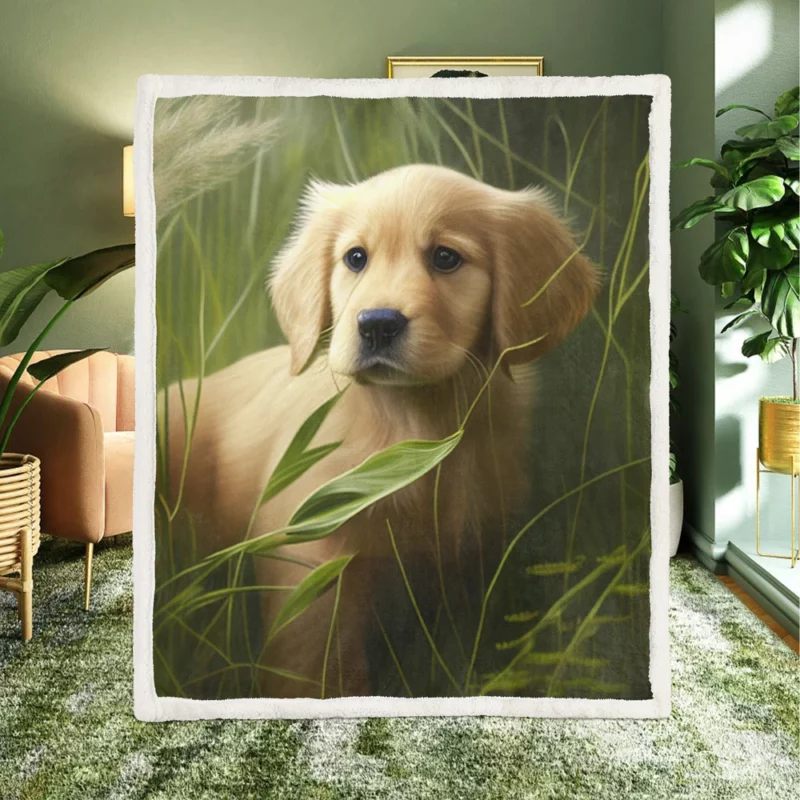 Golden Retriever in Leafy Field Sherpa Fleece Blanket