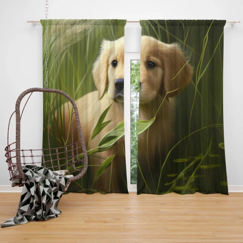 Golden Retriever in Leafy Field Window Curtain