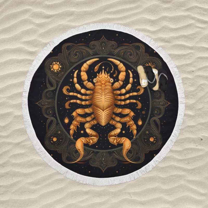 Golden Scorpion Zodiac Sign Round Beach Towel