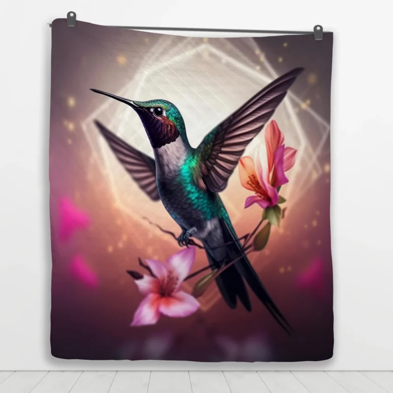 Green Hummingbird With Flower Quilt Blanket 1