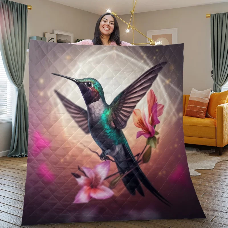 Green Hummingbird With Flower Quilt Blanket