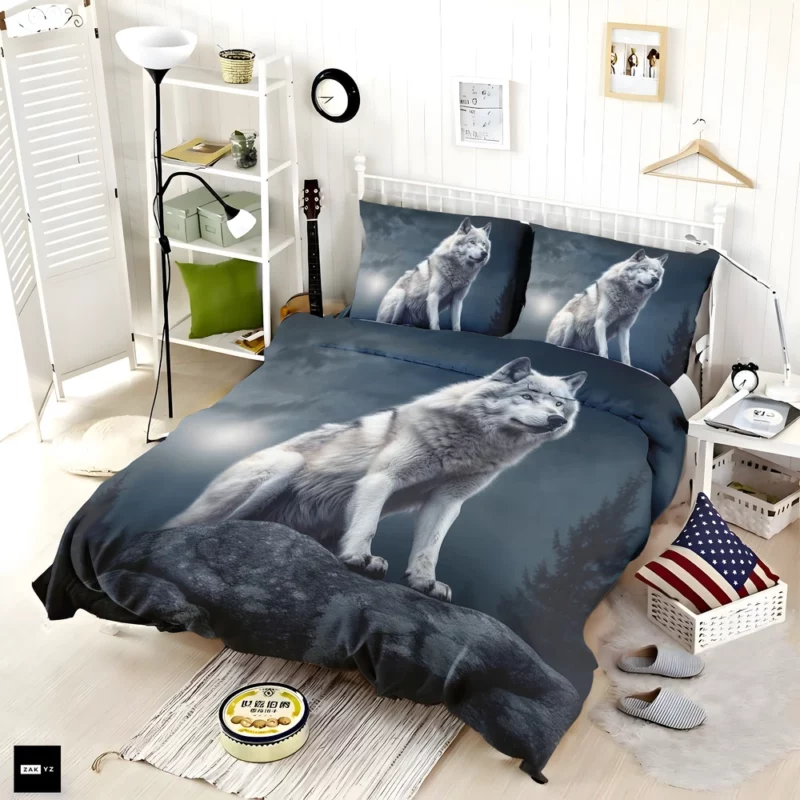 Grey Wolf Howling at Moon Bedding Set