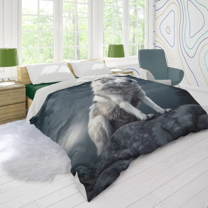 Grey Wolf Howling at Moon Duvet Cover