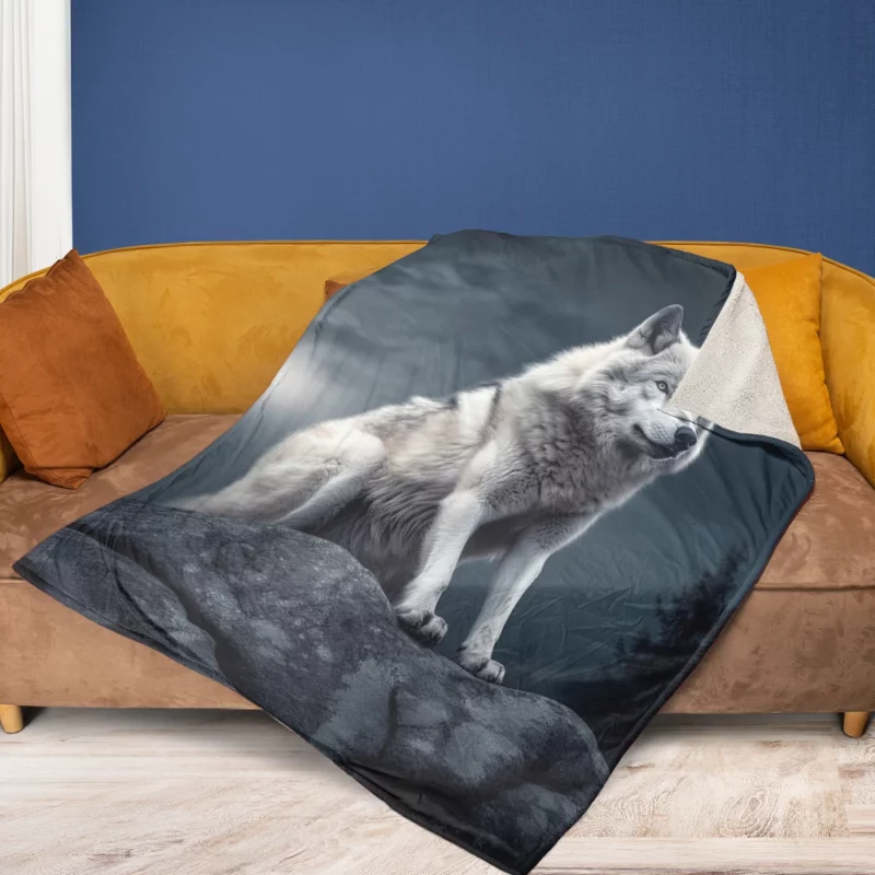 Grey Wolf Howling at Moon Fleece Blanket 1