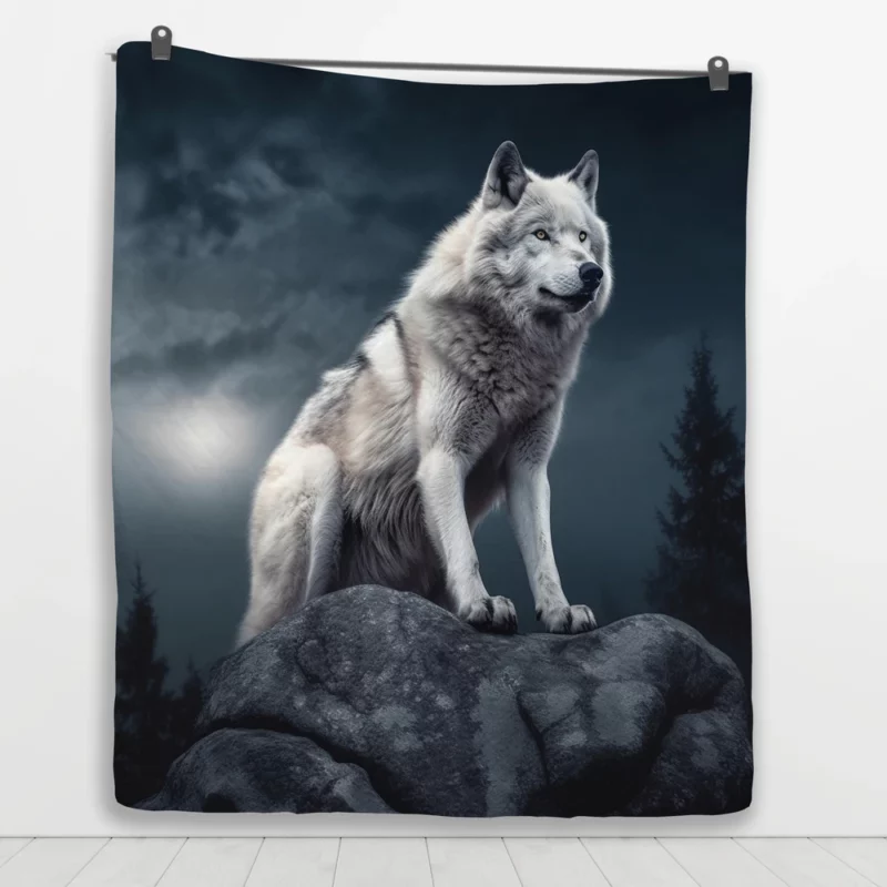 Grey Wolf Howling at Moon Quilt Blanket 1