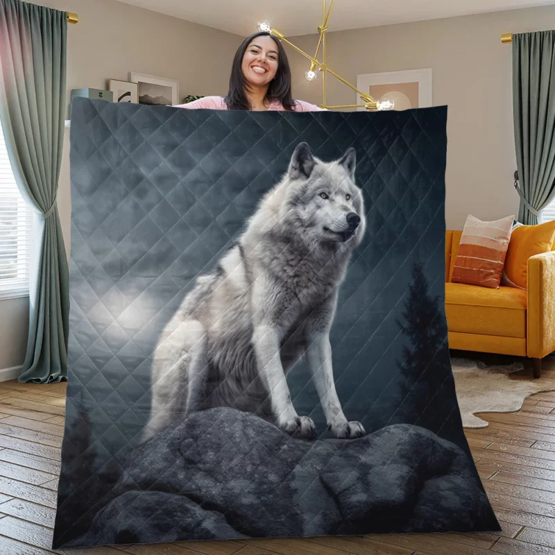 Grey Wolf Howling at Moon Quilt Blanket