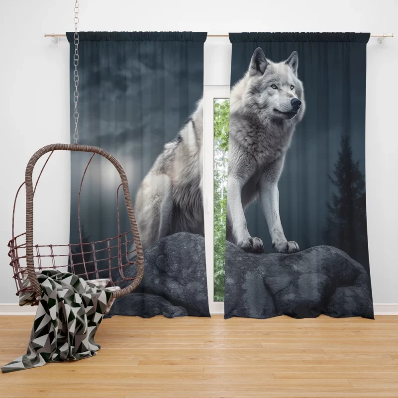 Grey Wolf Howling at Moon Window Curtain