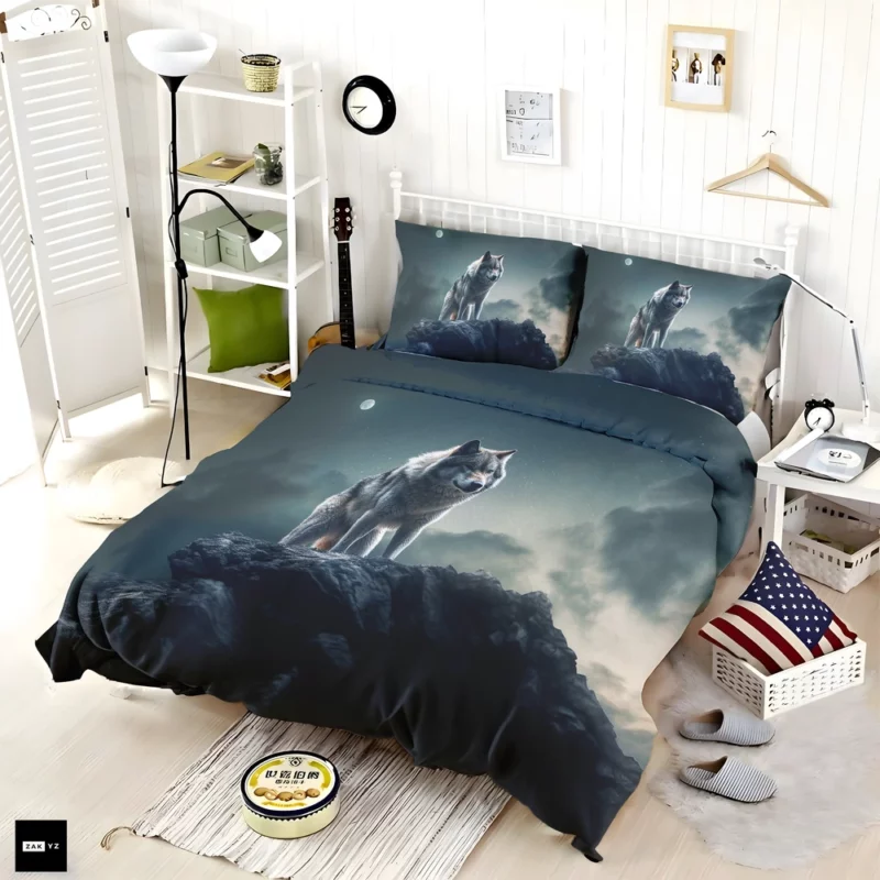 Grey Wolf Howling at Moonlight Bedding Set