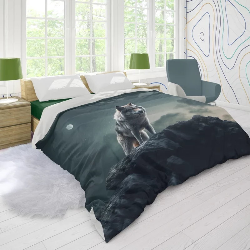 Grey Wolf Howling at Moonlight Duvet Cover