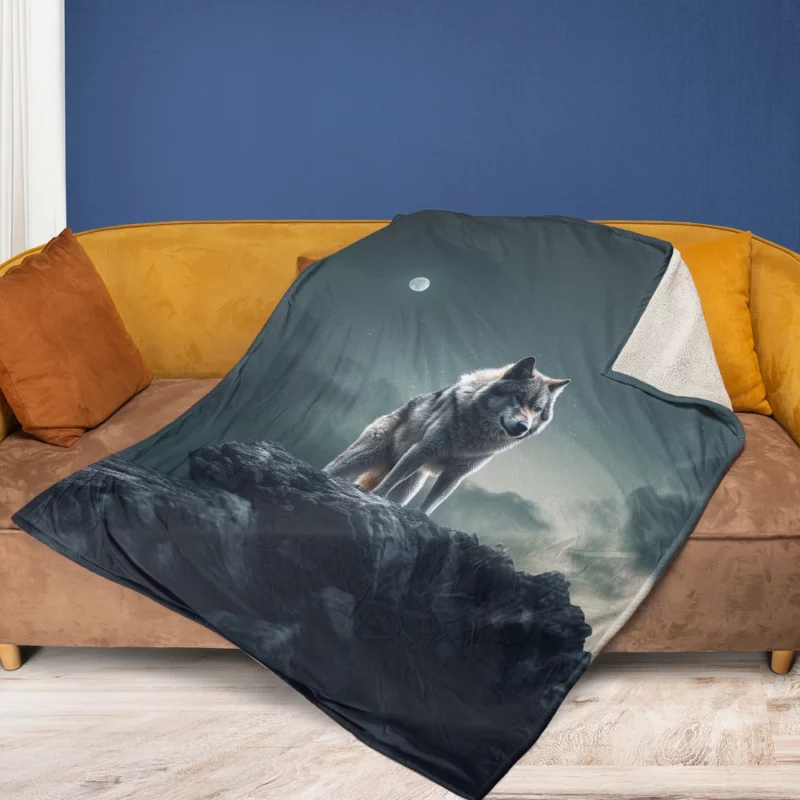 Grey Wolf Howling at Moonlight Fleece Blanket 1