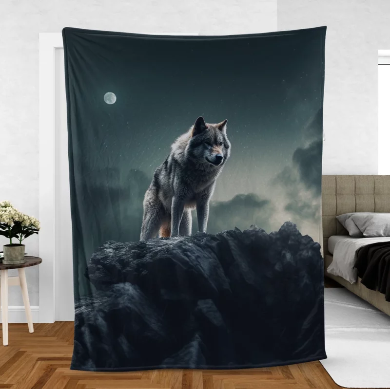 Grey Wolf Howling at Moonlight Fleece Blanket