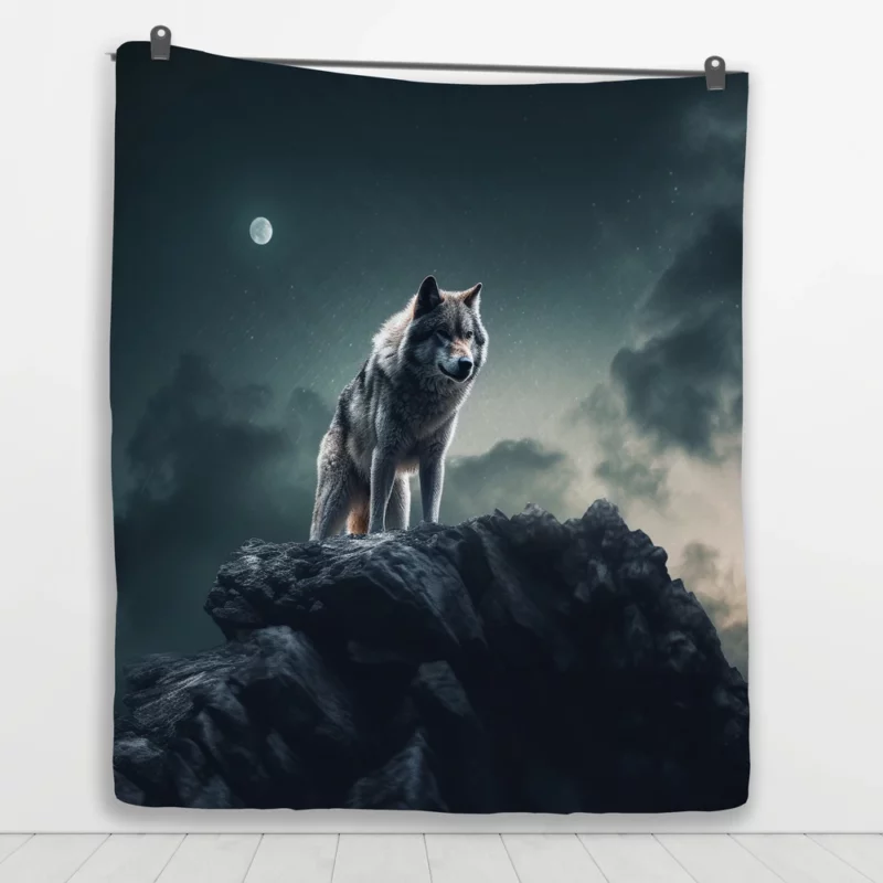 Grey Wolf Howling at Moonlight Quilt Blanket 1