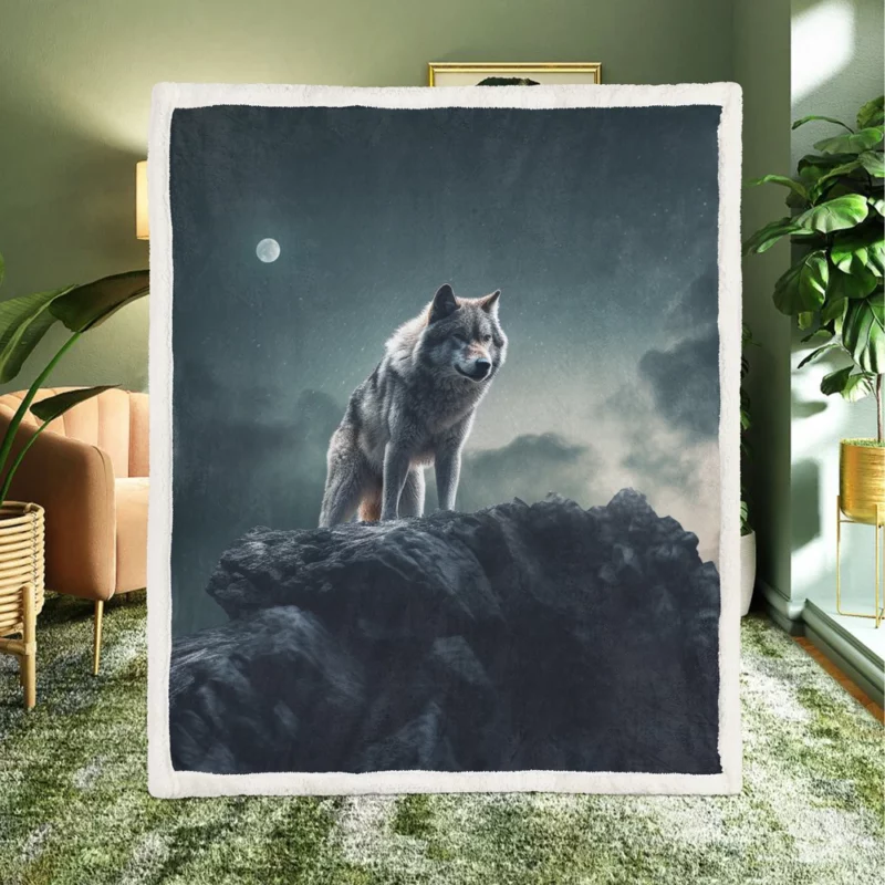 Grey Wolf Howling at Moonlight Sherpa Fleece Blanket