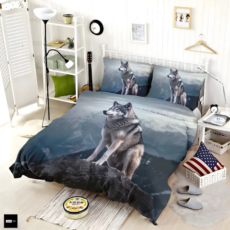 Grey Wolf Under Full Moon Bedding Set