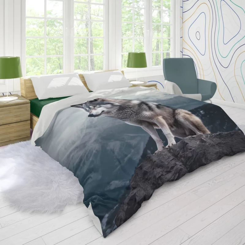 Grey Wolf Under Full Moon Duvet Cover