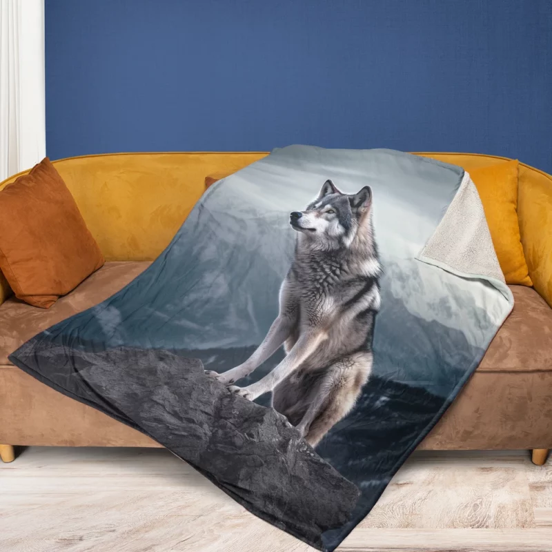 Grey Wolf Under Full Moon Fleece Blanket 1