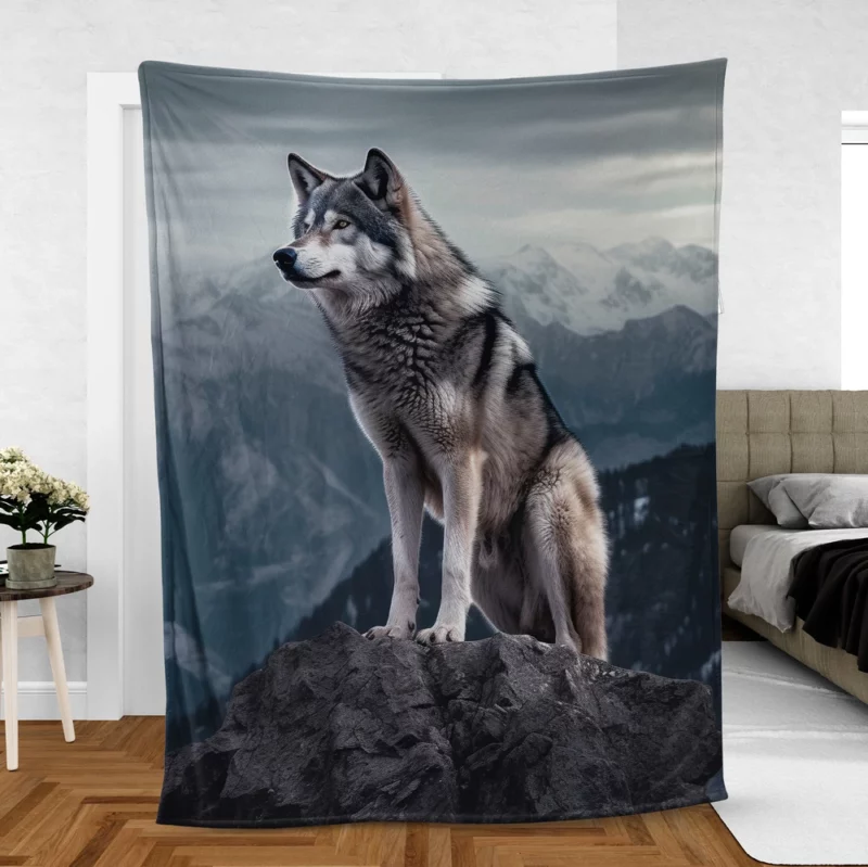 Grey Wolf Under Full Moon Fleece Blanket