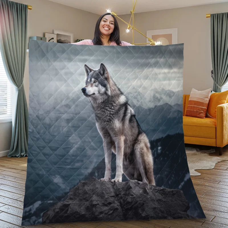 Grey Wolf Under Full Moon Quilt Blanket