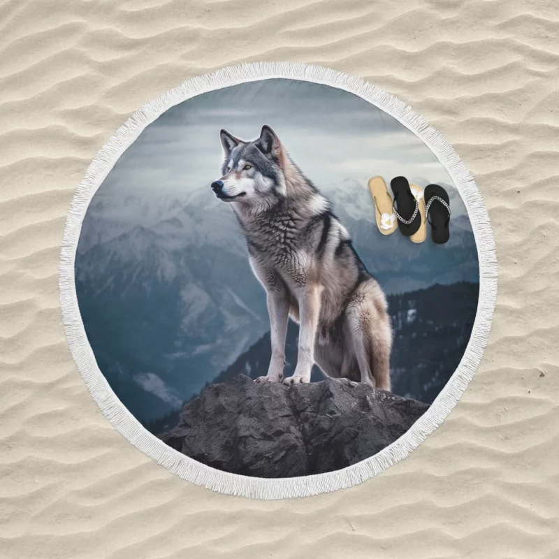 Grey Wolf Under Full Moon Round Beach Towel