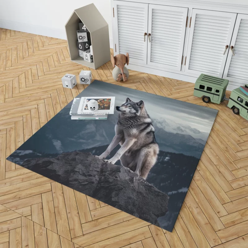 Grey Wolf Under Full Moon Rug 1